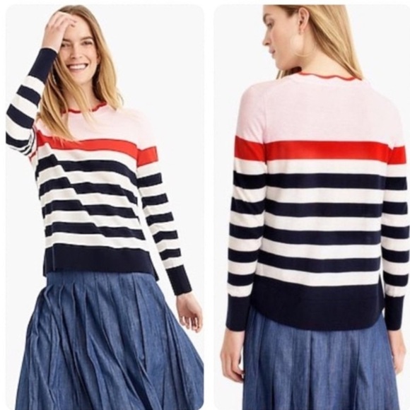 J. Crew Scallop Trimmed Pullover Striped Sweater Wool Blend Nautical NWT Sz XS - Picture 1 of 15
